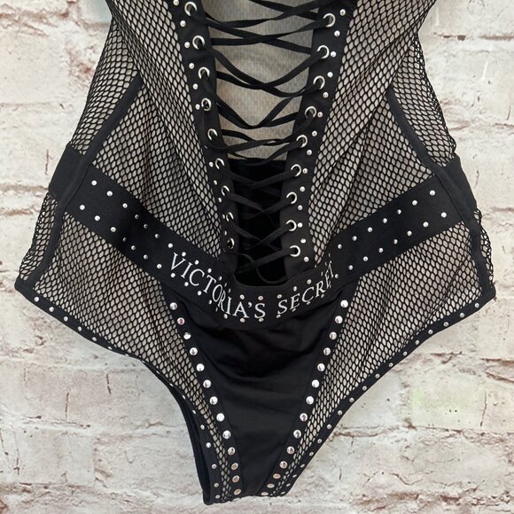 VICTORIA'S SECRET X BALMAIN Fishnet Bodysuit VS SEXY Teddy Black Studded 34D NEW - Picture 2 of 6